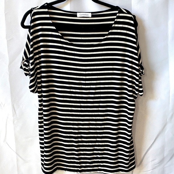 Calvin Klein Soft Black & White Striped Tie-sleeve Top - Picture 3 of 9